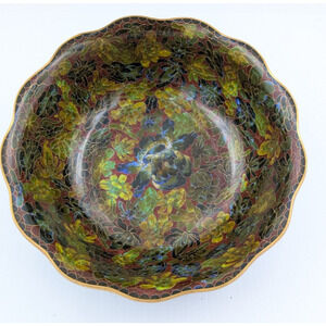Vintage Chinese Cloisonné Bowl Floral Foliate Design Scalloped Rim Large 10.25"